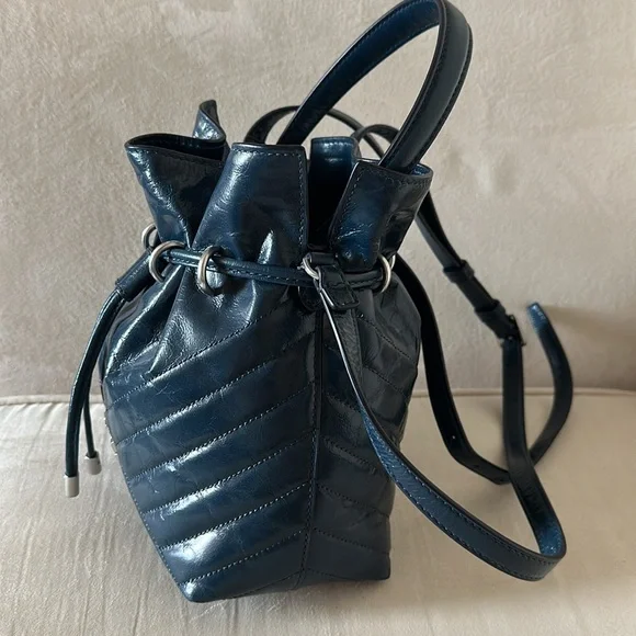 Tory Burch Drawstring Bucket Bag Blue Leather - Picture 3 of 14